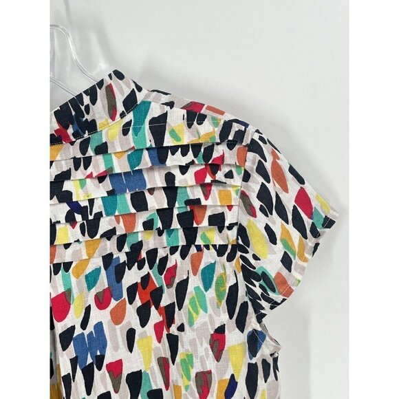 Blue Illusion Button Down Tunic Top Colorful Linen Sz Small Short Sleeve - Picture 5 of 7